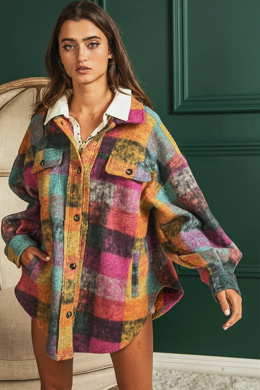Multi-Color Loose Fit Buttoned Down Check Shacket
