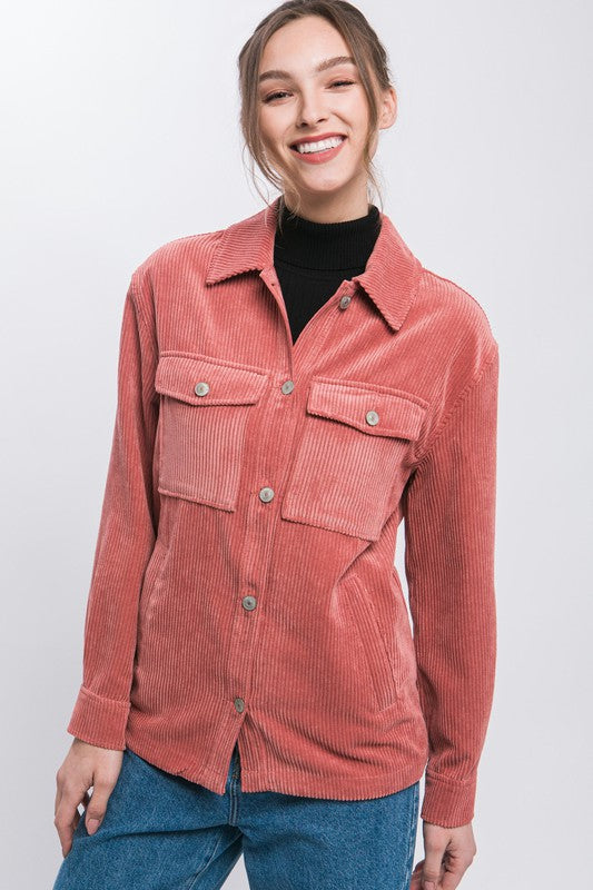 Corduroy Button Down Shacket With Pockets